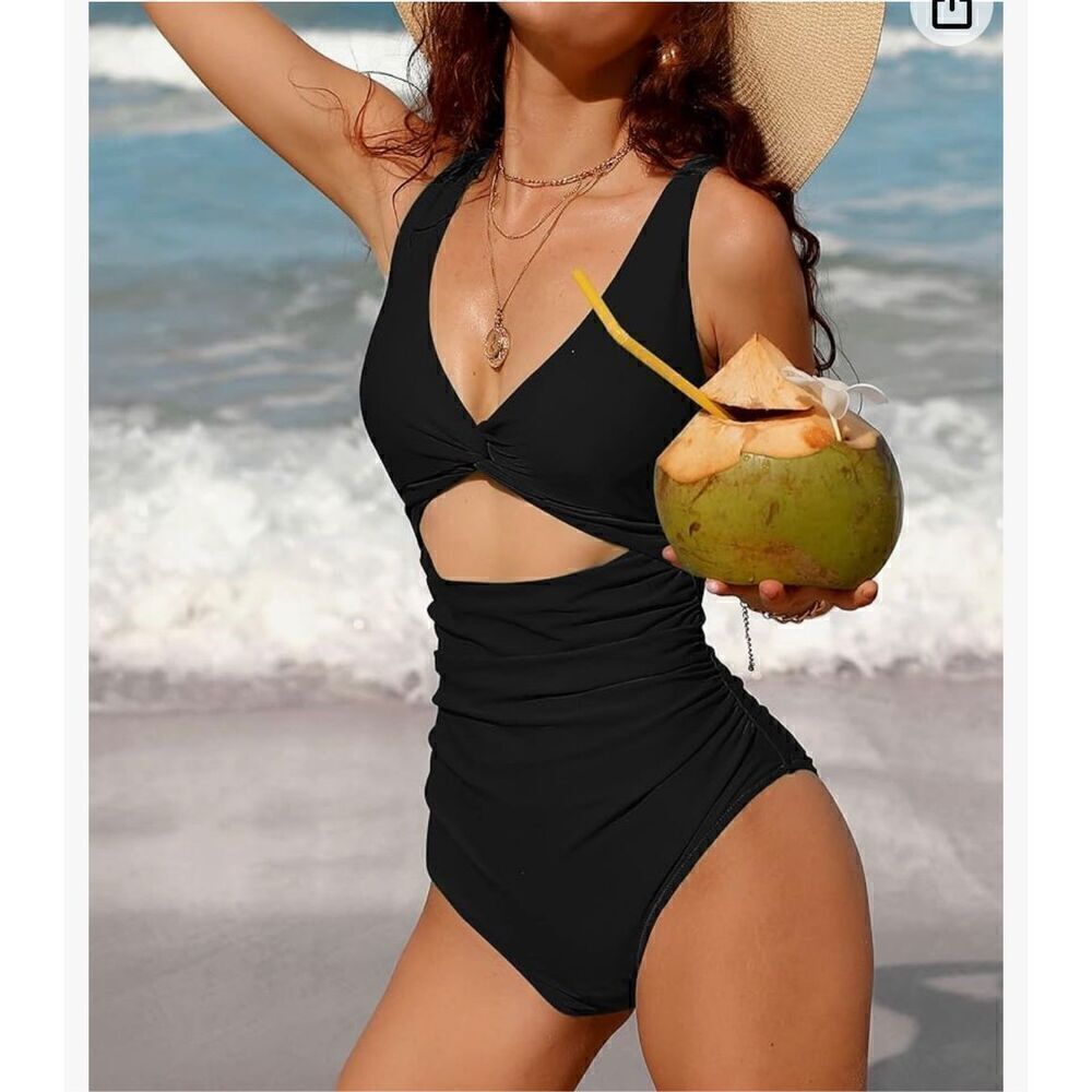 Charmo Womens One Piece Swimsuit Ruched Tummy Control High Cut Backless V Neck